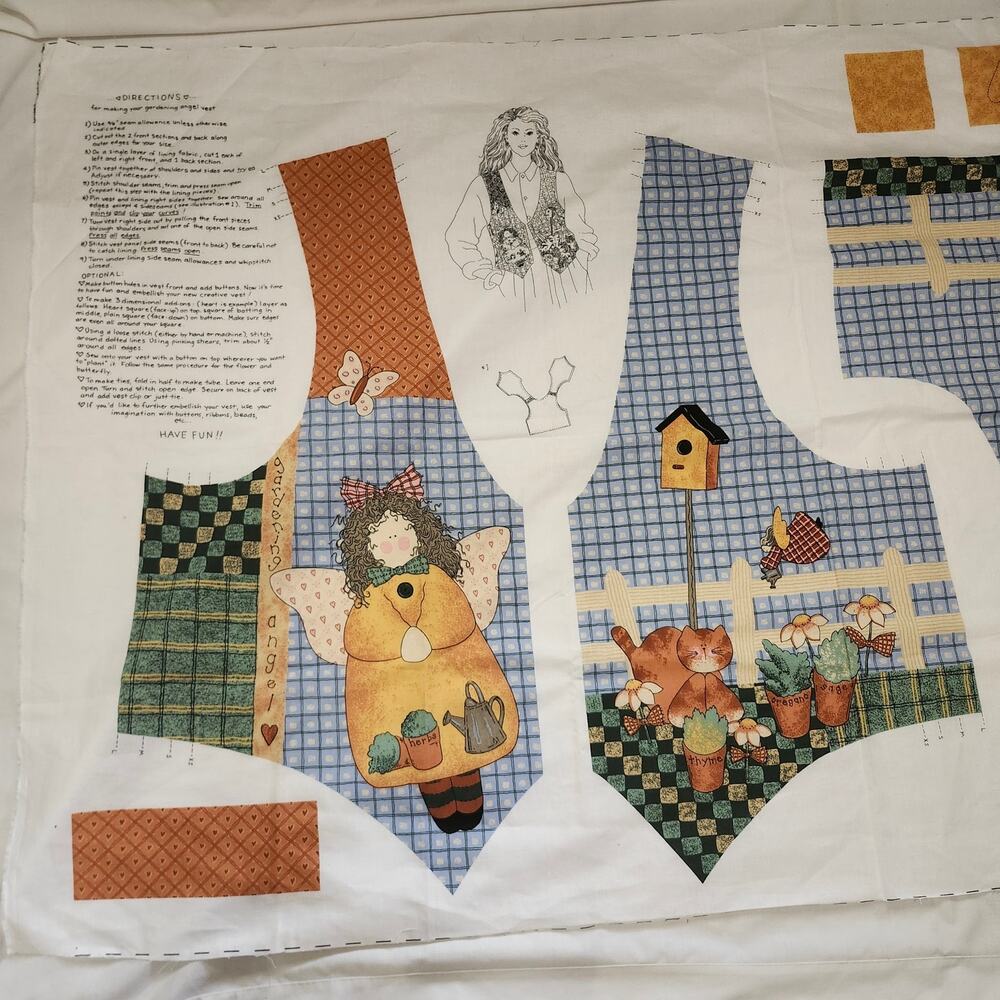 Garden Angel Women VTG Vest Sz XS L Cat Herbs Check Fabric Sew Panel B19